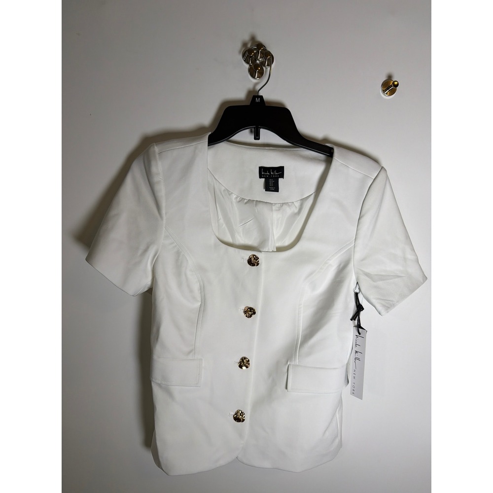 Nicole Miller New York White Short Sleeve Blazer Gold Button Square Neck Small
